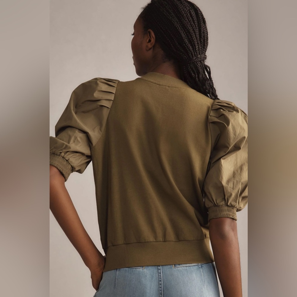 Maeve Anthropologie Olive green Puff Sleeve bomber Jacket top NEW - Picture 3 of 7